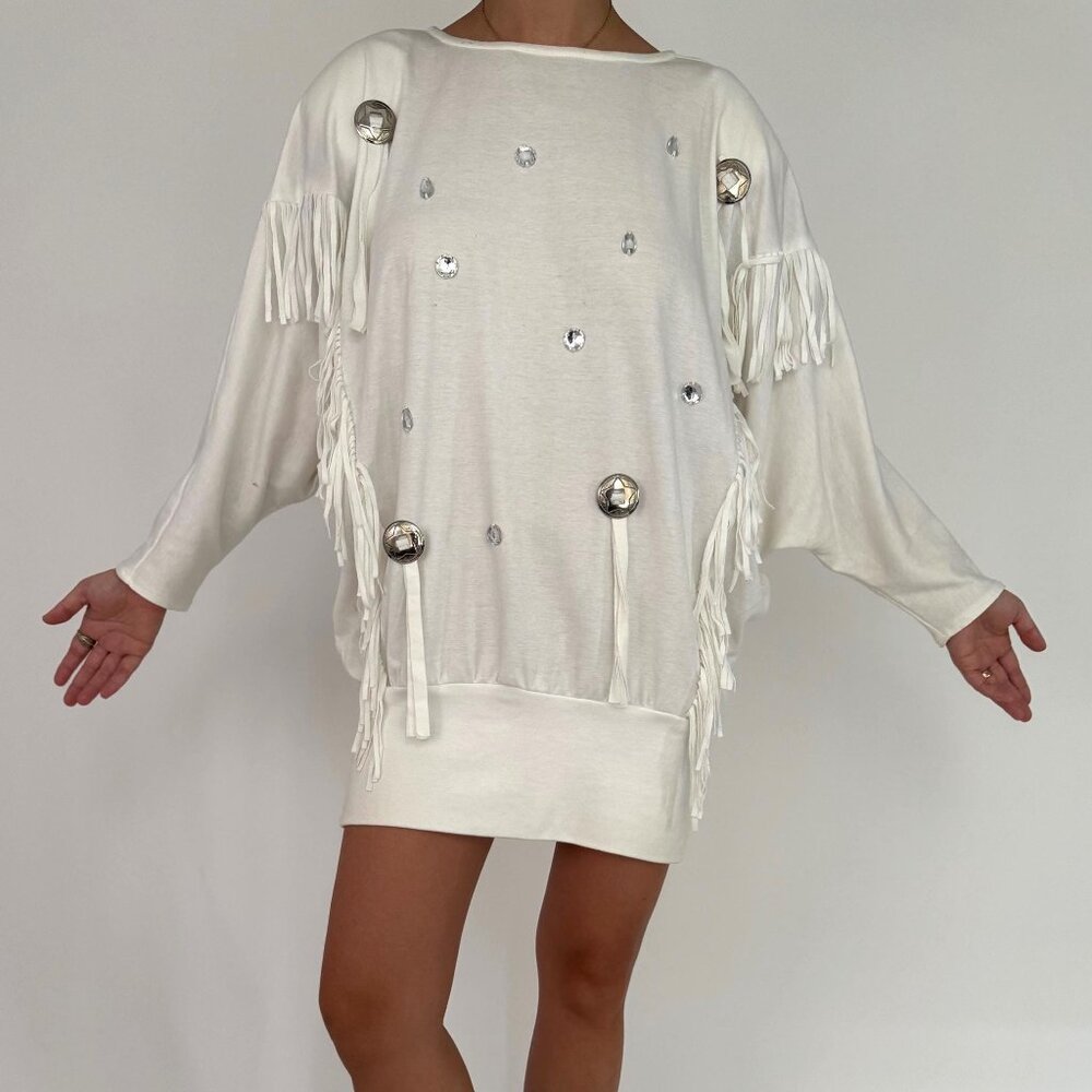 Vintage White Fringe Mini Dress with Silver Accents